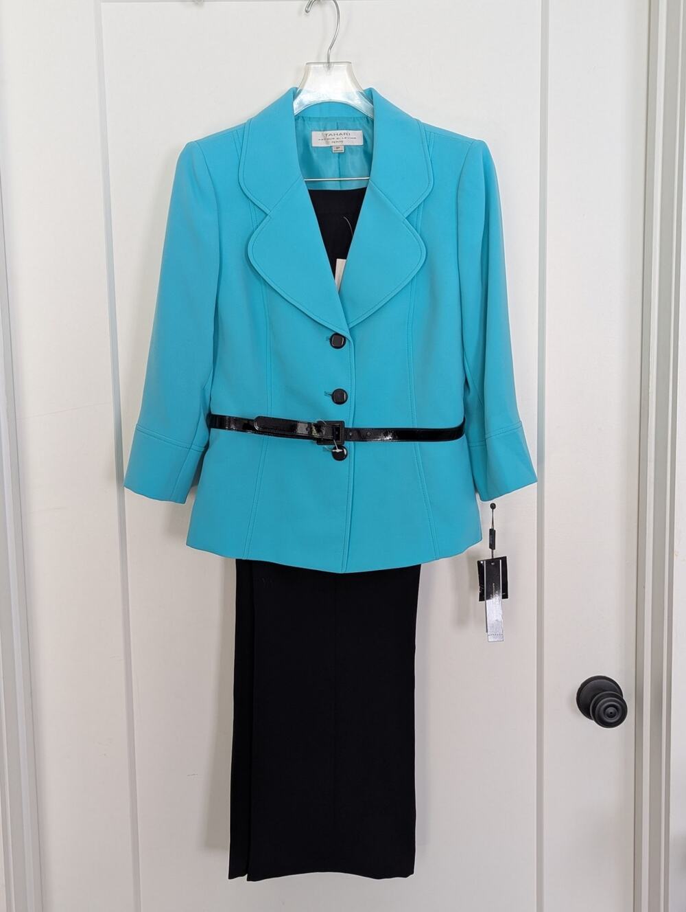 NWT Tahari Arthur S. Levine Belted Pant Suit 8P Turquoise Blue Black Jacket Set